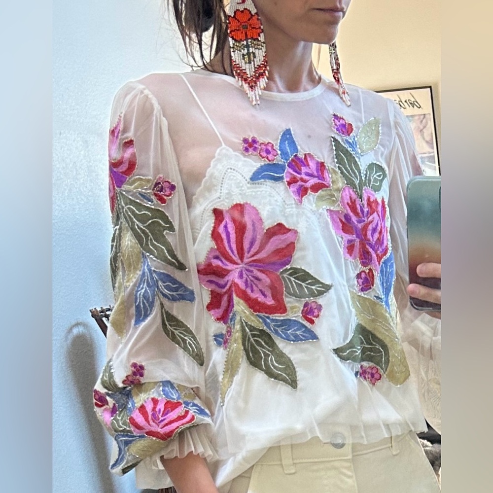 NEW XXS Anthropologie Layla Mesh Appliqué Long Sleeve Floral Embroidered Blouse - Picture 2 of 10